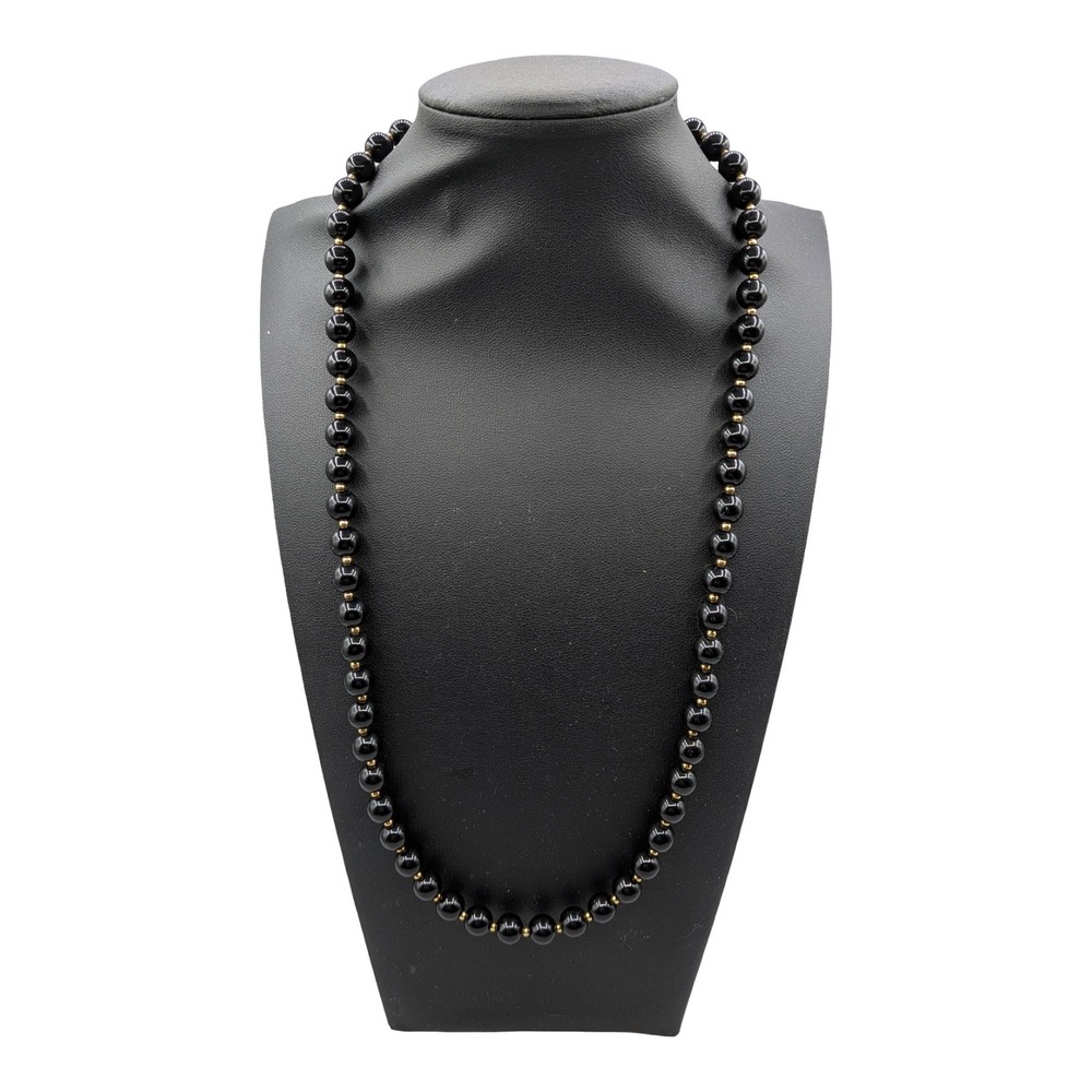 Vintage Black Onyx Bead Necklace Gold Tone Spacer Accents 22 Inch Napier